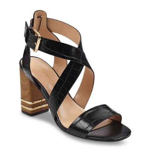 Tommy Hilfiger  Sadah Black Gold Leather Strappy Block Heel Sandal 9.5