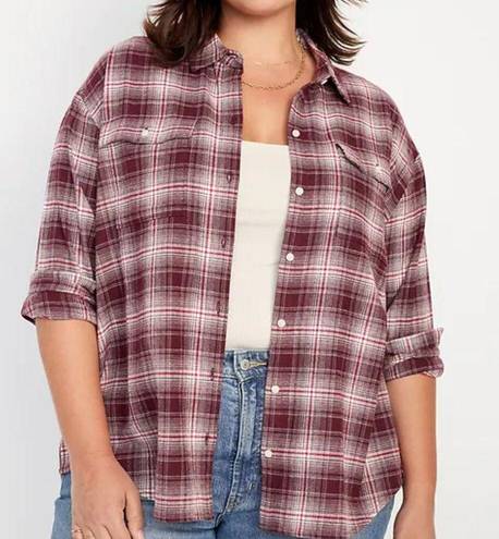 Old Navy  NWT Maroon White Plaid Loose Flannel Boyfriend Shirt