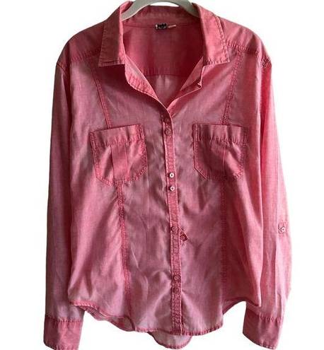 Roxy  Pink Sleeve Lightweight Long / Tab Button Down Shirt Size XL