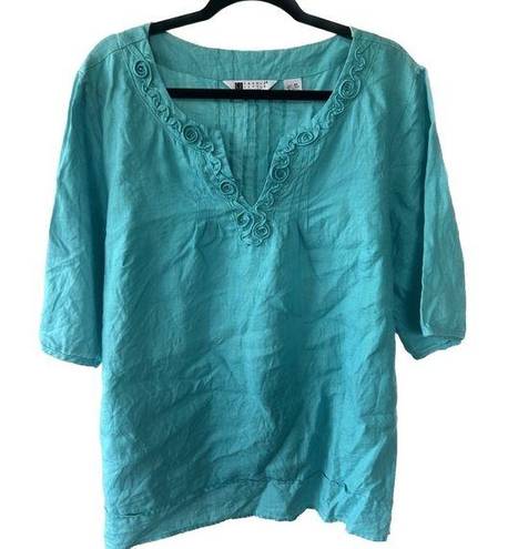 Carole Little  Woman 100% Linen Bead Embellishment V Neck Flounced Hem Blouse 3X