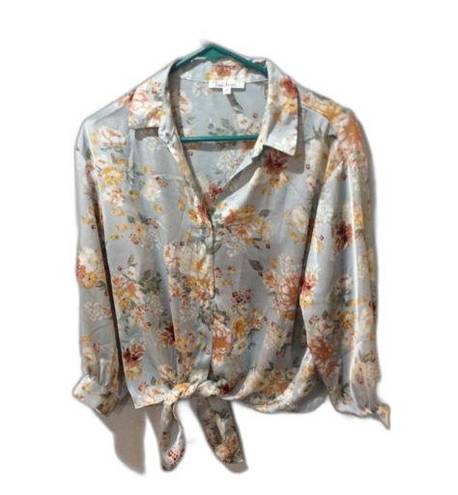 Cloud Chaser  women's silver button up knot front floral top size large L