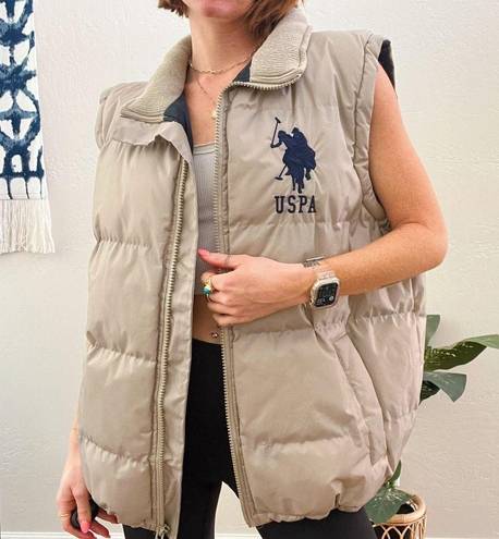 Polo U.S.  Association Embroidered Logo Beige Oversized Quilted Puffer Vest