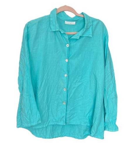 Bryn Walker  Lagenlook 100% Linen Aqua Blue Button Up Blouse | Small