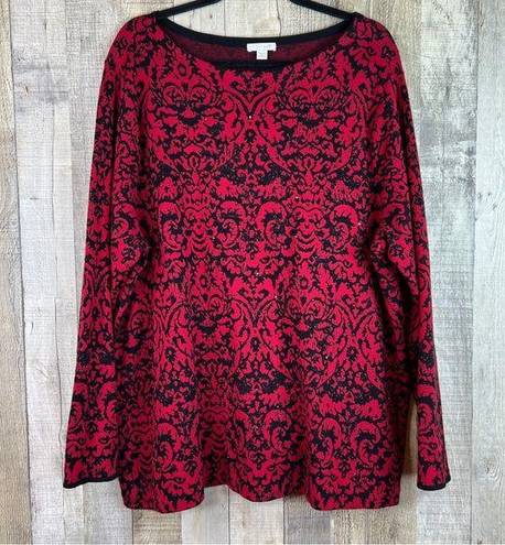 J.Jill  3X Red & Blaack Damask Print Rhinestone Long Sleeve Crewneck Sweater