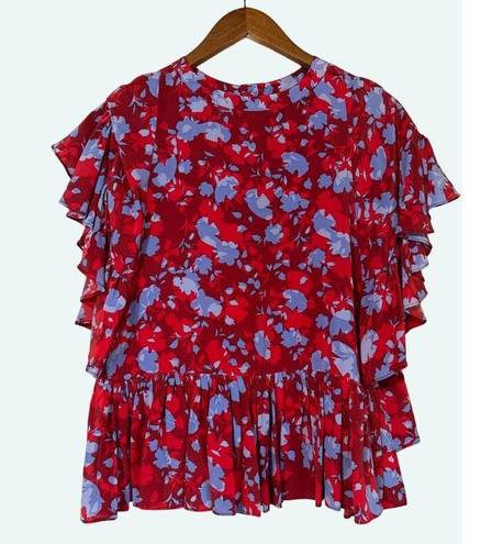 Alexis  Danijela 100% Silk Red Floral Button Front Cape Blouse Size Small