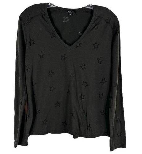 Rails  Medium Top Black Sheer Star Print Long Sleeve V Neck Cotton Women 1581