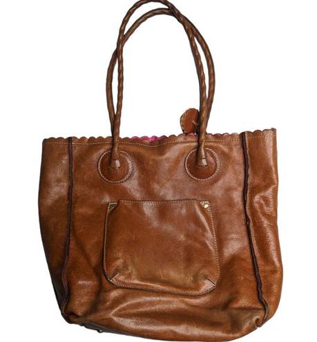 Patricia Nash  Cavo Cognac Brown Floral Tooled Leather Scalloped Cutout Tote Bag