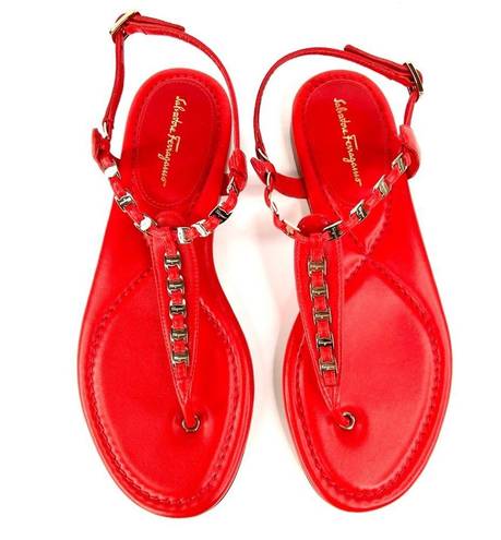 Salvatore Ferragamo  TAHITI CORAL LEATHER T-STRAP FLAT SANDALS SIZE 7.5 D