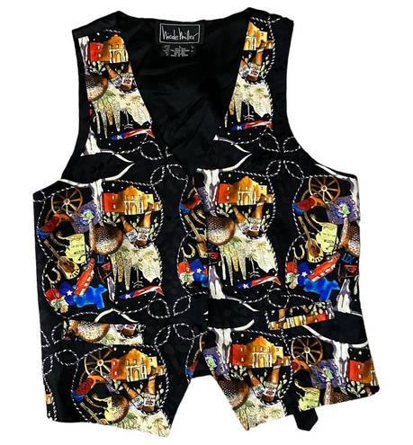 Nicole Miller Vintage  Printed Vest Cowboy Rodeo Western Silk Black Size Large