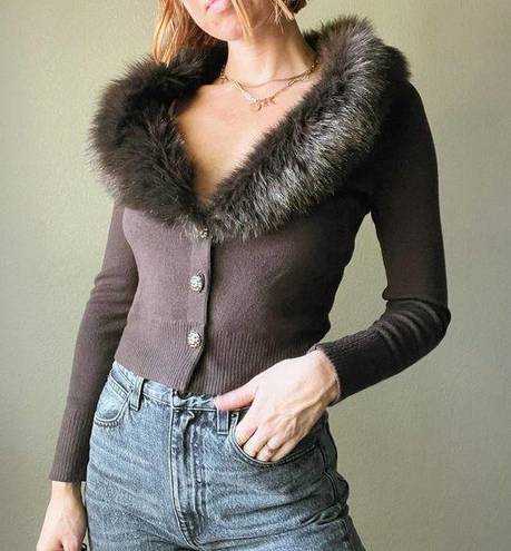 The Loft Vintage Y2K Chocolate Brown Faux Fur Trim Crop Cardigan Sweater