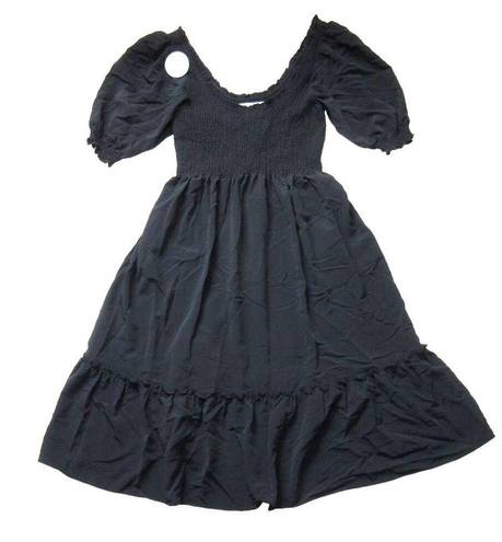 Hill House NWT  Louisa Nap Dress in Black Poly Crepe Smocked Midi L Pockets!