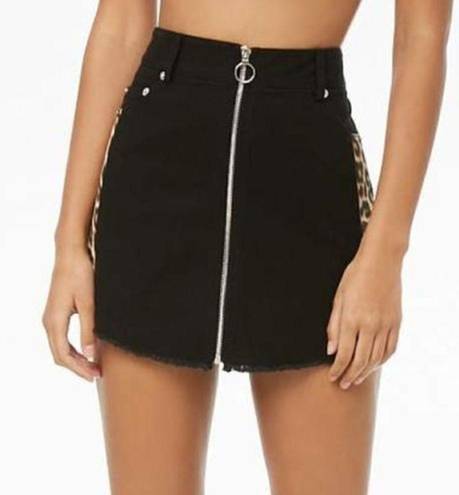 Forever 21  Leopard Panel Denim Skirt Black Tan Cheetah Animal High Waisted Mini