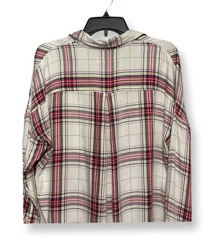 Lou & grey Womens Hi Lo Top Beige Red Plaid Long Sleeve Button Cuff XS