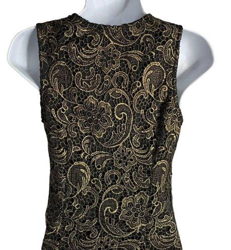 Sans Souci  Lace Overlay Sheath Dress XS Black Gold Metallic Sleeveless Zipper