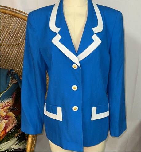 Oleg Cassini Vintage  Blazer Bright Blue Lapis White Trim Gold Lion Buttons sz