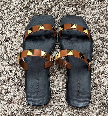 Bamboo Tan Square Toe Studded Sandals