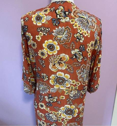 H.I.P. Retro Orange Floral Duster Kimono Short Bell Sleeves Open Front Rayon M/L