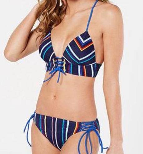 Hula Honey  Women's Navy Skinny Mini Stripe Push-Up Midkini Swim Top sz Jr’s S