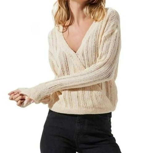 ASTR NWT  Wrap Front Pointelle Sweater In Cream Size Medium Long Sleeve Open Knit