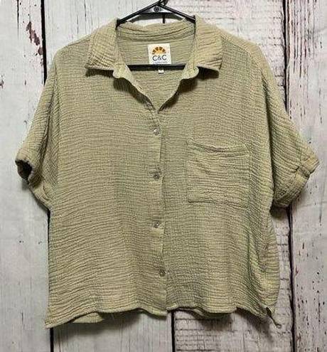 C&C California  Green Double Gauze Camp Relaxed Short Sleeve Cotton Shirt Size XL