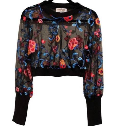 Cosmopolitan NEW  DRESS THE POPULATION MESH FLORAL LONG SLEEVE CROPPED TEE TOP