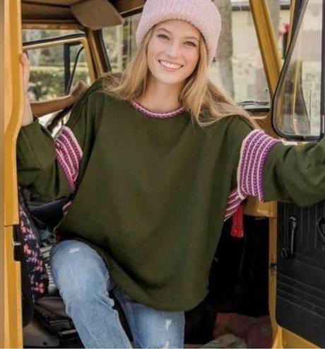 Natural Life  Knitting Trim Oversized Sweater Sweatshirt Olive Green Crochet Boho