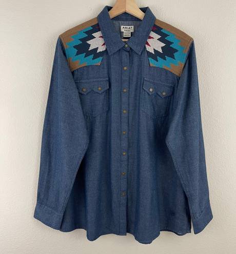 Ariat Womens Blue Southwestern Tapestry Real Vivacious Chambray Button Up Top