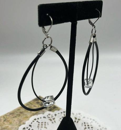 Swavorski Swarovski Crystal Black Two Leather Cord Dangle Earrings-  Handmade NEW