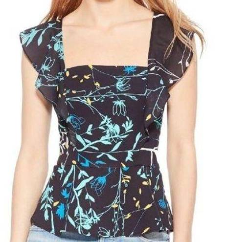 Parker  Jess Floral Print Peplum Top Navy Blue Ruffle Sleeveless Women’s Small S