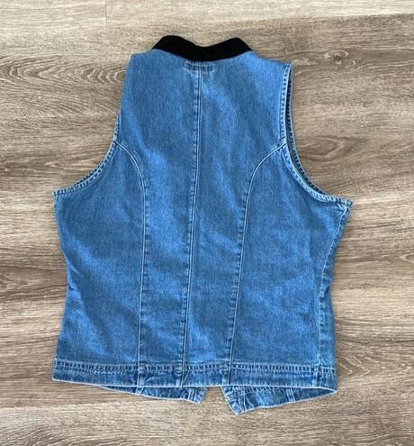 Vintage 90s button front blue denim vest with black velour collar small