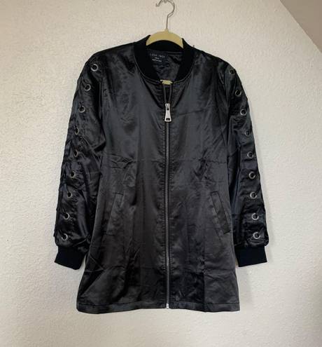 Love Tree Black Satin Lattice Bomber Jacket