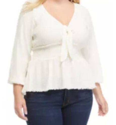 True Craft  Plus Size Smock Waist Peasant Top in Ivory Bow Tie Detail Blouse