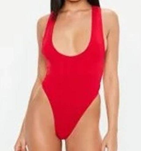 Missguided  Scoop Plunge Neck High Leg Red Bodysuit Snap Bottom Sexy Racy NWT 6