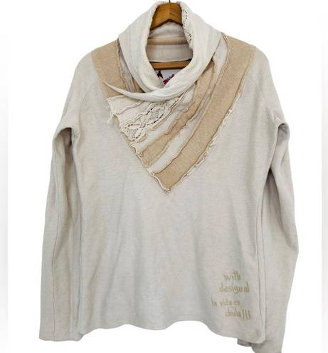 Desigual  Antast Artsy Pullover Shawl Collar Sand Cotton Women’s XL Boho