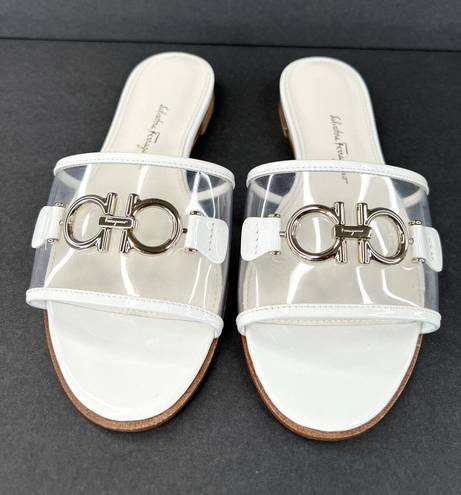 Salvatore Ferragamo  Rhodes Pvc Gancini Logo White Leather Flat Sandals Size US 5