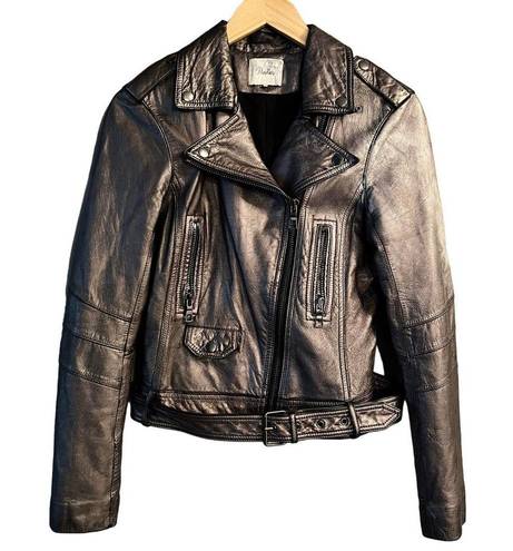 Parker  Moto Metallic Leather Jacket Zipper Collared Pewter Large Fits Small EUC