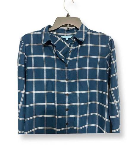 Draper James Womens Button Up Shirt Blue Plaid Long Sleeve Cuff Round Hem 2