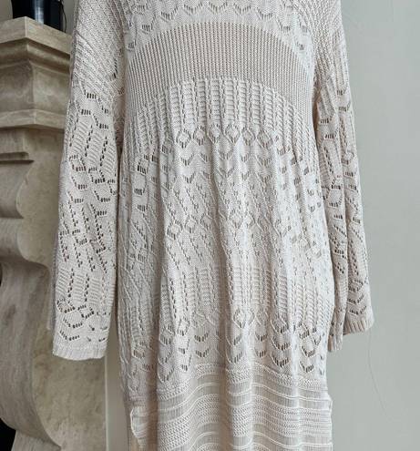 Lush Clothing LUSH Light Beige Long Sleeve Open Knit Fringe Trimmed Women Size S Long Cardigan