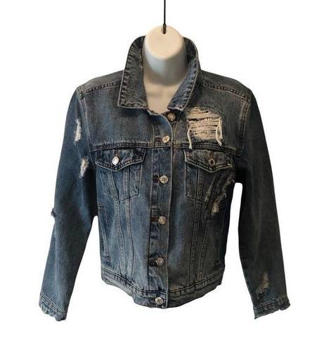 Vervet Classic Crop Fit Distressed Denim Jean Jacket S Medium Blue Non- Stretch