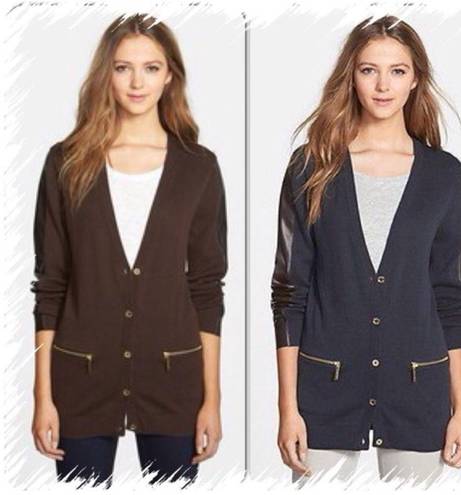 Michael Kors ☀️3/$25  faux leather trim cardigan knit Gold Mixed media m