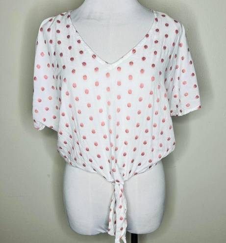 Sim & Sam  Tie Front Top LARGE White & Pink Batwing Dolman V-Neck Polka Dot