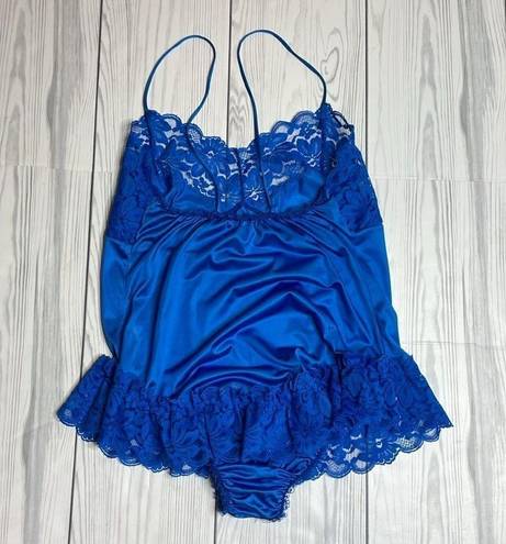 Vintage Blue 80s  Julianna Nylon and Lace Playsuit, teddy, romper size Med