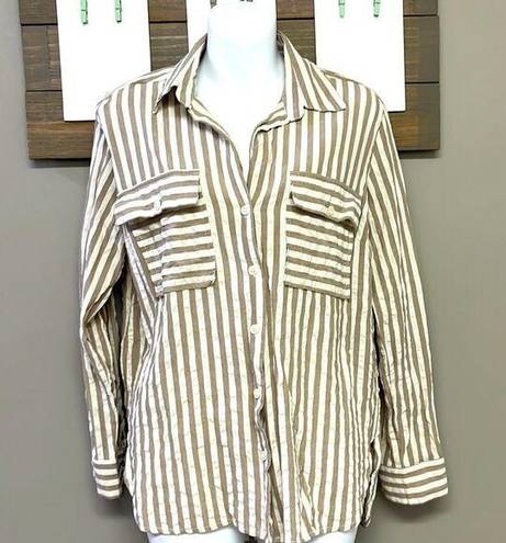 Flawless  Button Down Tan and Cream Striped Shirt- Medium