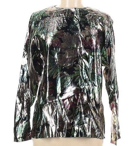 Oleg Cassini Metallic Floral Print Blouse Multicolor Keyhole Back Long Sleeve 8