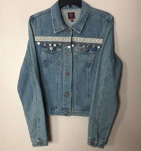 Boom Boom Jeans Embroiled denim jacket with pom poms button up fall winter size medium