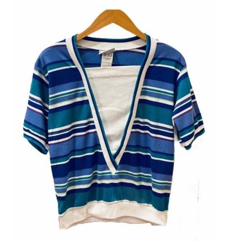 Jantzen Retro 80s Varsity Striped Top Vneck Blue Green White S Relax Fit