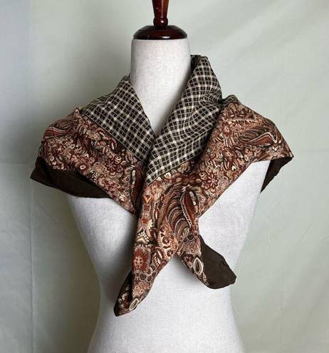 Oscar de la Renta Vintage  Signed Large Square Scarf Brown Floral Houndstooth