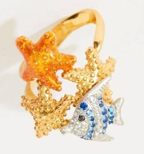 Misis Isla de Mujeres Fish & Starfish Rhinestone Gold Ring. Adjustable. NWT