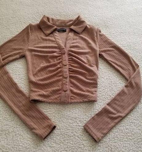 Naked Wardrobe  Women's Mocha Button Up Long Sleeve Crop Collard Shirt Size XS