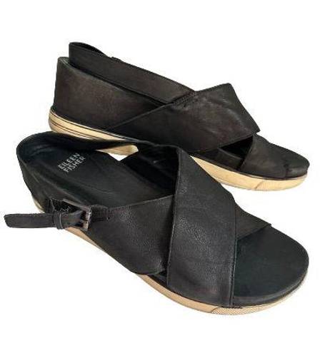 Eileen Fisher Woman’s Black Wedge Nubuck Leather Buckle Strappy Sandals, Sz 10